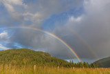 colored double rainbow over the mountain with green pines.