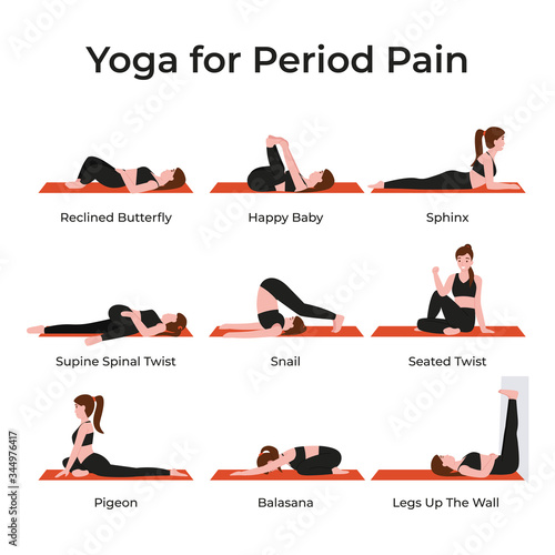 Set yoga poses or asana for period pain for female. Simple poses for beginners. Flat vector cartoon modern illustration. 