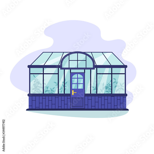 Glass greenhouse with various nutritious plants inside. Home gardening concept in flat style