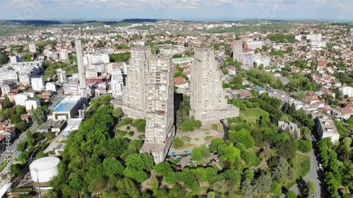 Drone video of Eastern City Gate of Belgrade or Rudo Towers photo