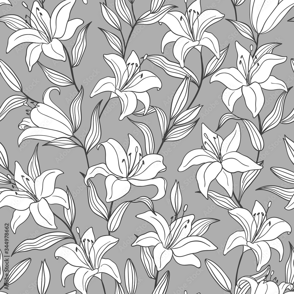 Botanical seamless pattern with hand drawn outline white lily flowers on a gray backgroond. For fashion prints, fabrics, wallpapers and covers Botanical seamless pattern with hand drawn outline white lily flowers on a gray backgroond. For fashion prints, fabrics, wallpapers and covers
