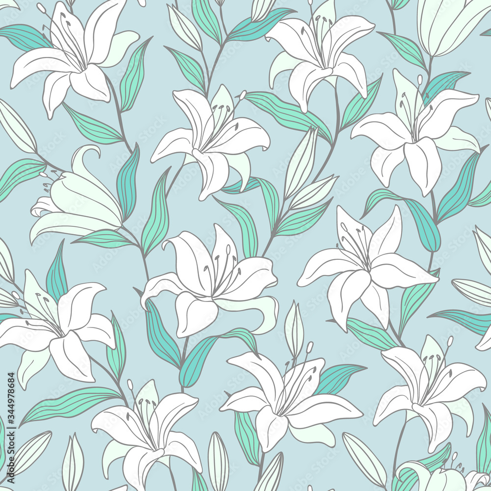 Botanical seamless pattern with  hand drawn outline lily flowers on a light blue backgroond. For fashion prints, fabrics, wallpapers and covers