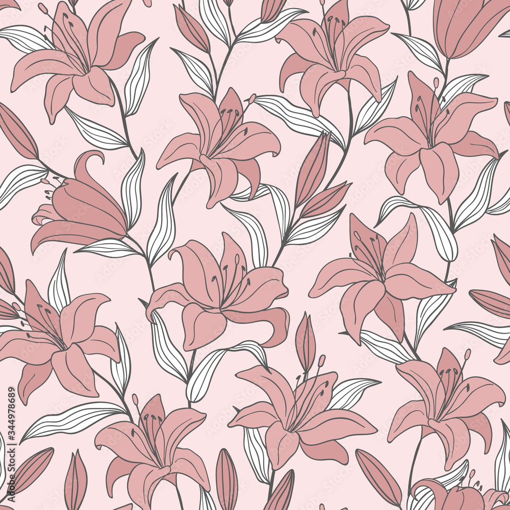 Botanical seamless pattern with hand drawn outline lily flowers on a pink background. Tender colors. For fashion prints, fabrics, wallpapers and covers Botanical seamless pattern with hand drawn outline lily flowers on a pink background. Tender colors. For fashion prints, fabrics, wallpapers and covers