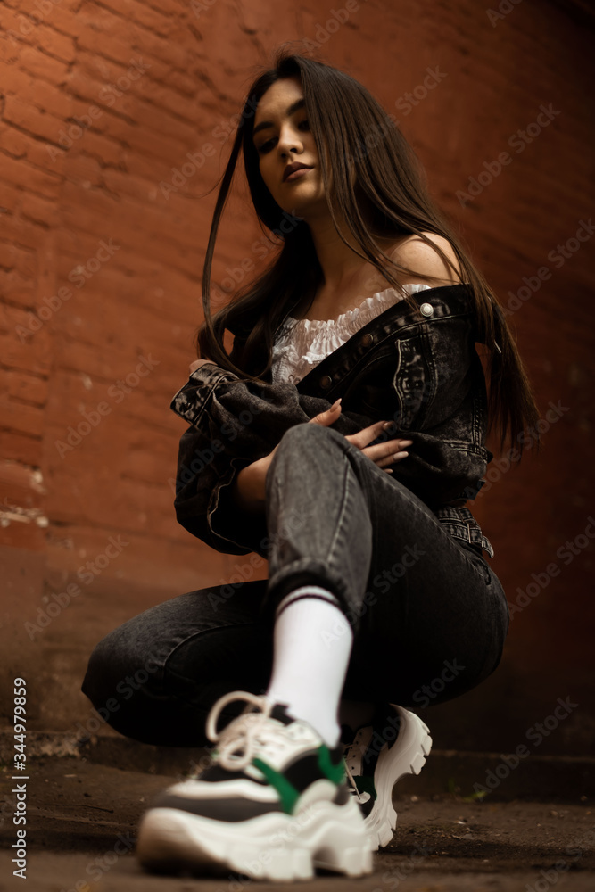 young woman sitting on the floor, girl in sneakers, athletic girl, hair, sports, sex