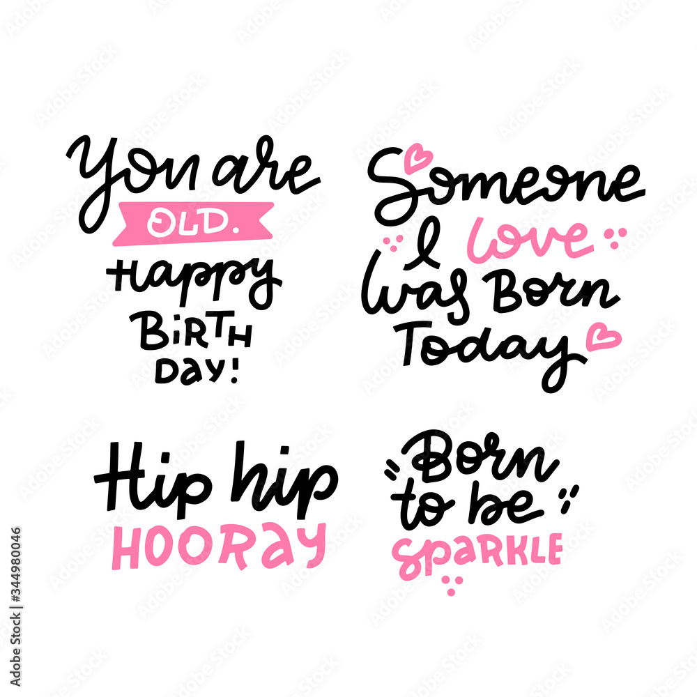 Set of Birthday lettering quotes for Card Posters Typography designs. Hand drawn lettering phrases. Modern motivating calligraphy. Hunny Happy Birthday greeting slogans in scandinavian style