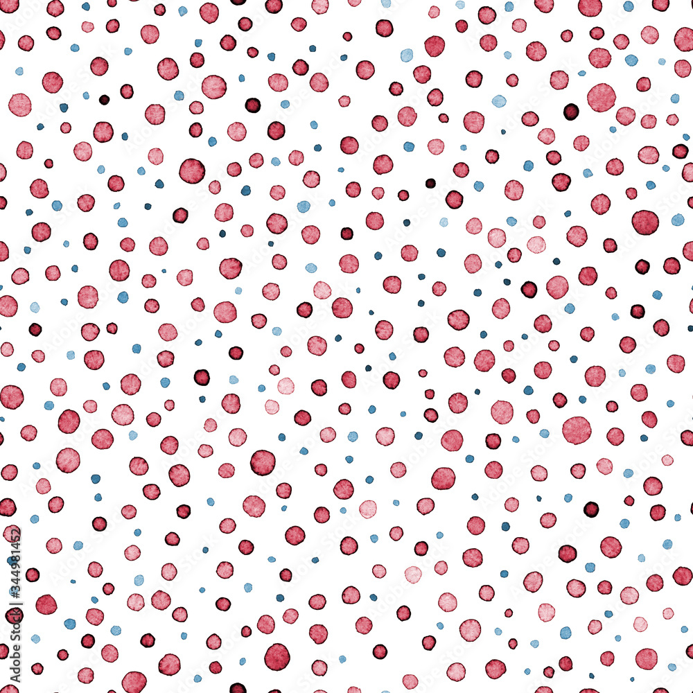 Cute watercolor seamless pattern. Blue and pink dots on white paper. Print for home textiles, packaging, wallpaper. Handwork. Background in the style of polka dot. Cute watercolor seamless pattern. Blue and pink dots on white paper. Print for home textiles, packaging, wallpaper. Handwork. Background in the style of polka dot.