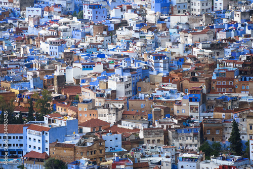 Aerial close up of the unique blue Medina of Chefchaouen in the Rif Mountains, Morocco © SGPICS