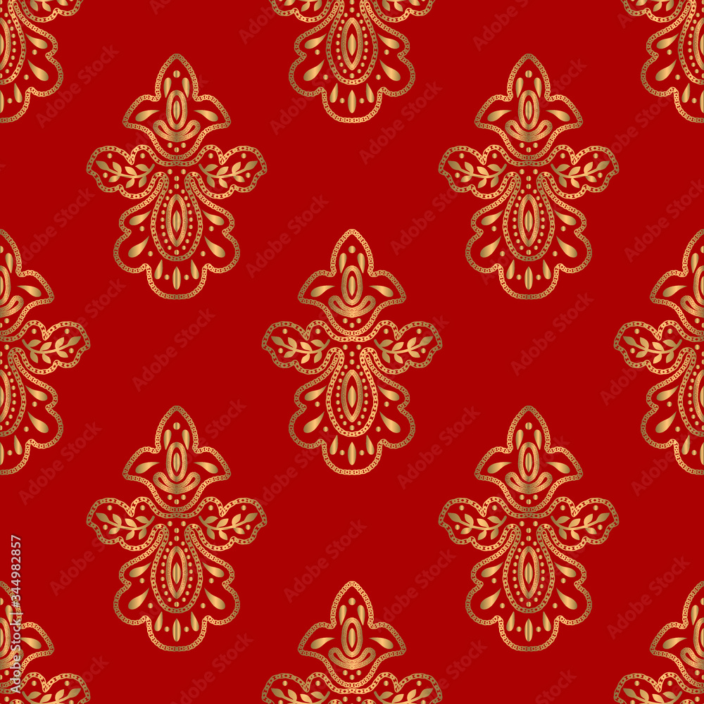 Seamless damask gold pattern on red background in vector. Wallpaper, textiles, background Seamless damask gold pattern on red background in vector. Wallpaper, textiles, background