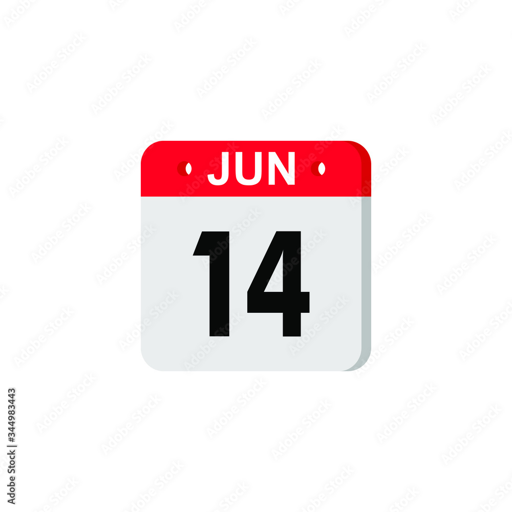 June 14 - Calendar Icon. Summer days of the year. Calendar Icon with shadow. Flat style. Date, day and month. Reminder. Vector illustration. Organizer application, app symbol. Ui. User interface sign. June 14 - Calendar Icon. Summer days of the year. Calendar Icon with shadow. Flat style. Date, day and month. Reminder. Vector illustration. Organizer application, app symbol. Ui. User interface sign.