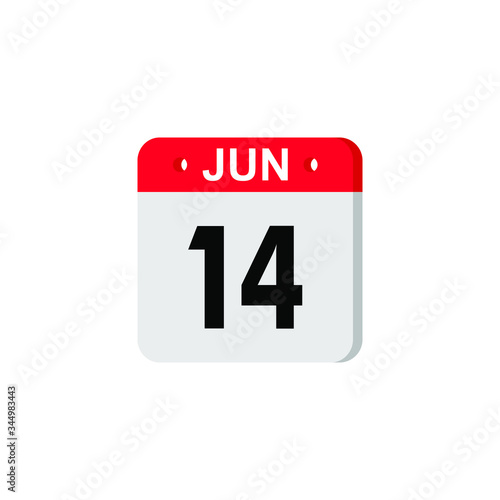 June 14 - Calendar Icon. Summer days of the year. Calendar Icon with shadow. Flat style. Date, day and month. Reminder. Vector illustration. Organizer application, app symbol. Ui. User interface sign.
