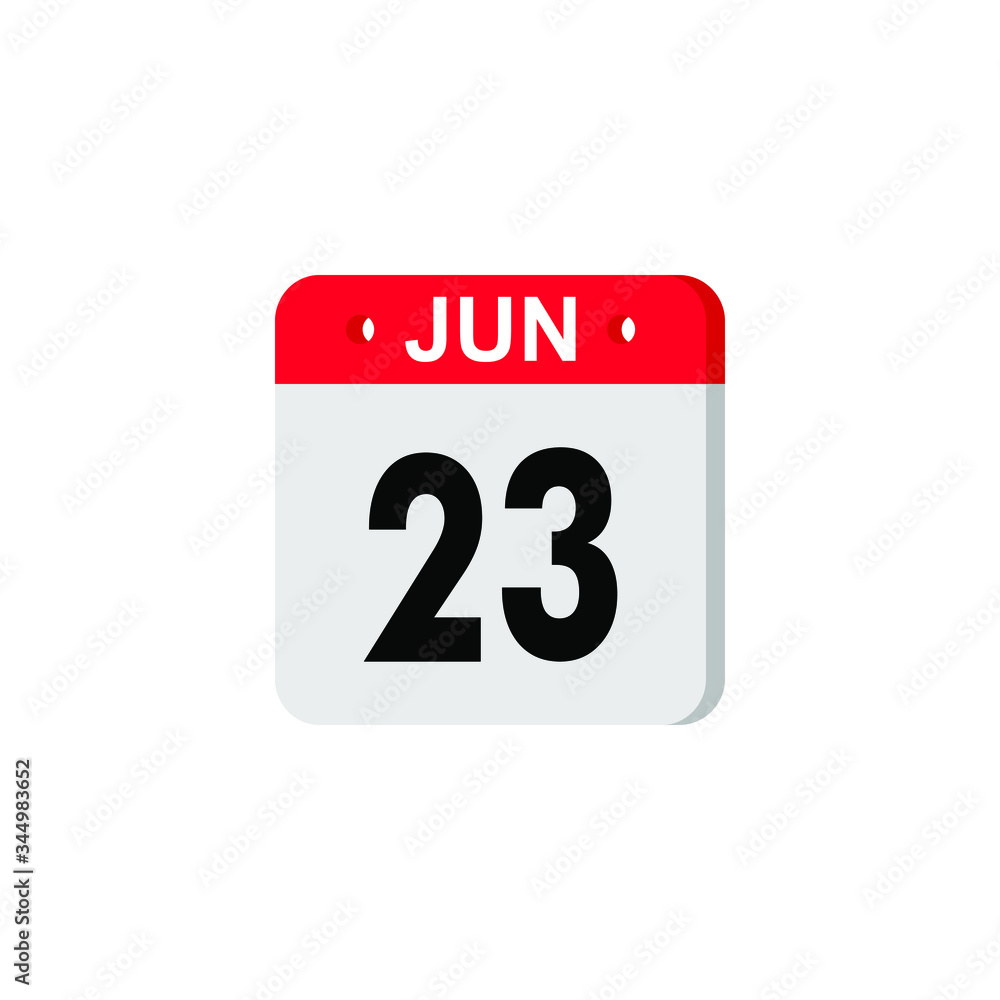 June 23 - Calendar Icon. Summer days of the year. Calendar Icon with shadow. Flat style. Date, day and month. Reminder. Vector illustration. Organizer application, app symbol. Ui. User interface sign. June 23 - Calendar Icon. Summer days of the year. Calendar Icon with shadow. Flat style. Date, day and month. Reminder. Vector illustration. Organizer application, app symbol. Ui. User interface sign.