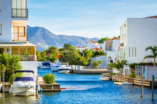 Summer panorama of Empuriabrava with yachts, boats and waterways in Costa Brava, Catalonia, Spain photo