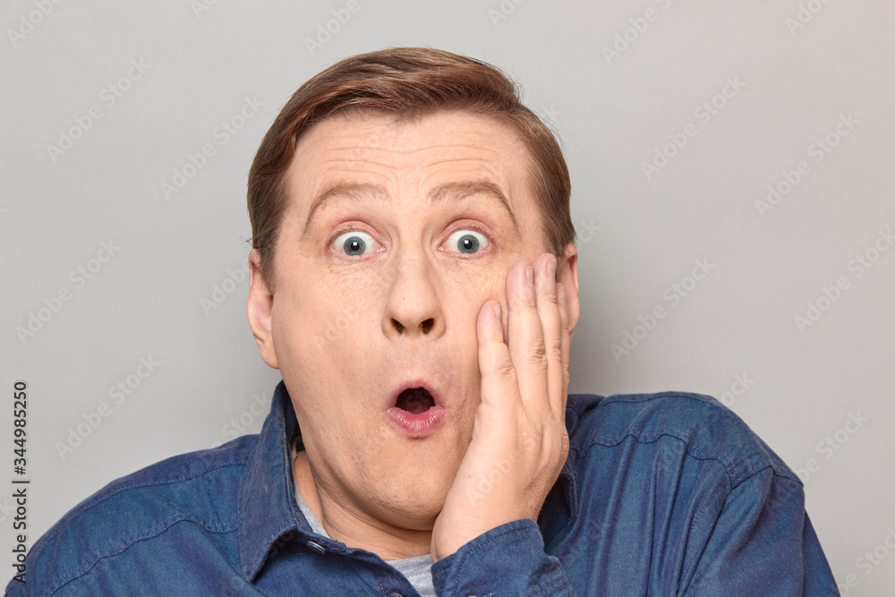Portrait of shocked mature man with widened eyes and open mouth Portrait of shocked mature man with widened eyes and open mouth