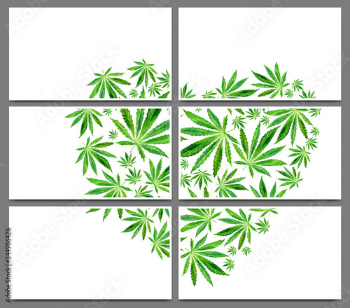Set of cards with watercolor background of marijuana leaves. Abstract template with Cannabis Sativa leaves