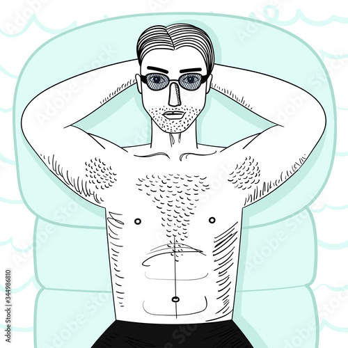 Strong young guy with hairy chest sunbathes on inflatable swimming mattress. Hands under head. Sexy man witn muscle body lying in sunglasses. Isolated vecor illustration