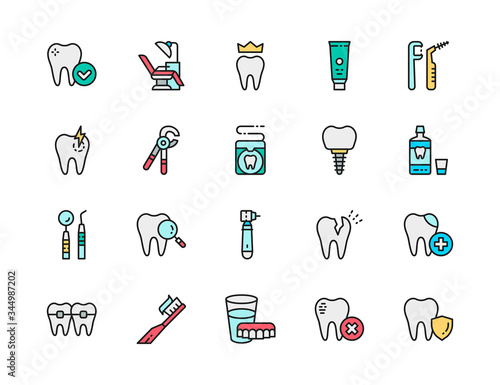 Set of Dentistry Flat Color Line Icons. Denture, Toothpaste, Toothbrush and more