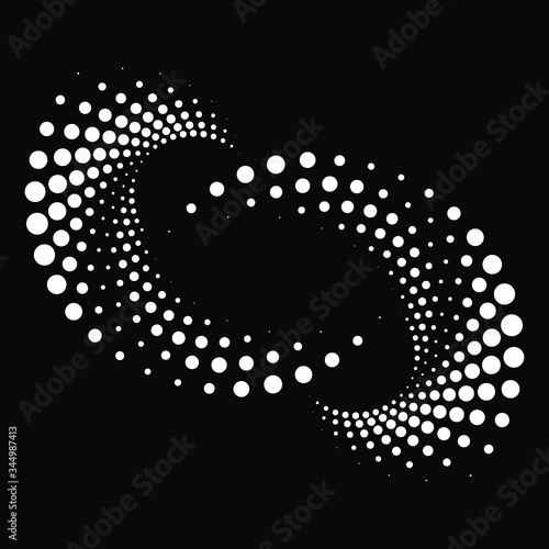 White abstract halftone dots in vortex form. Geometric art. Trendy design element for frame, logo, tattoo, sign, symbol, web, prints, posters, template, pattern and abstract background