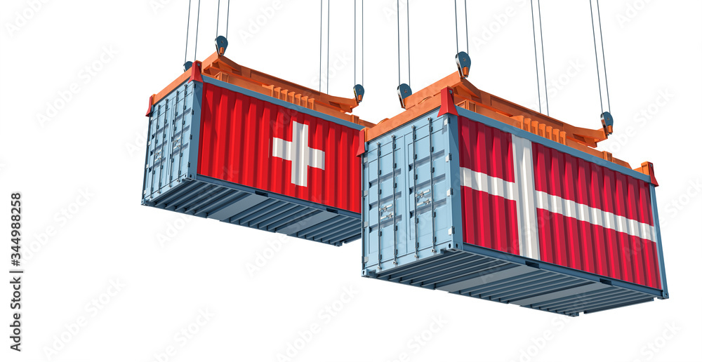Shipping containers with Switzerland and Denmark flag. 3D Rendering 