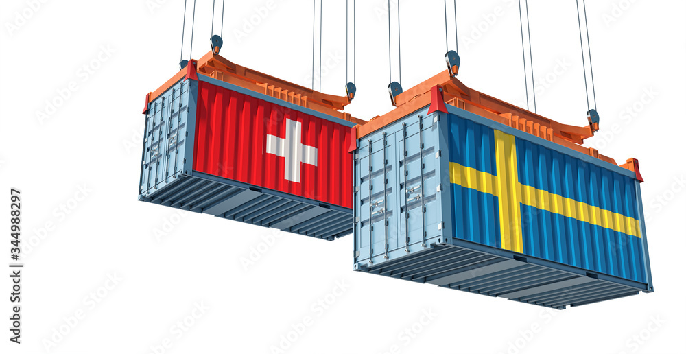 Shipping containers with Switzerland and Sweden. 3D Rendering Shipping containers with Switzerland and Sweden. 3D Rendering