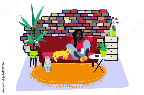 Afro american beautiful woman sitting on the sofa and drinking tea or coffee. Girl in the living room with two cats. Vector flat character illustration. Daily life stock vector.