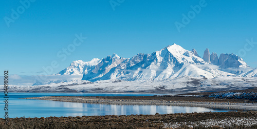 Panorama of the Torres del Paine mountain peaks in winter, Torres del Paine national park, Patagonia, Chile.