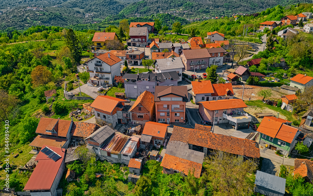 Fototapeta Aerial drone shot of the Outskirts of Zagreb, village Cucerje