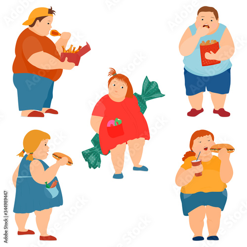 Fat children, the problem of childhood obesity. Improper nutrition, overeating. The adverse effects of fast food. Isolated on a white. Vector in a flat style.