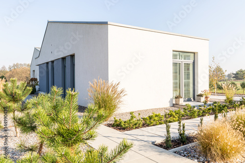 Conifers and shrubs in the yard of a modern house in the suburbs