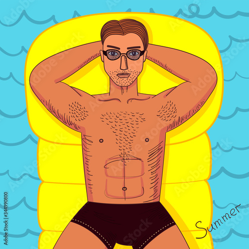 Strong young guy with hairy chest sunbathes on inflatable swimming mattress. Sexy man witn muscle body lying in sunglasses. Bright colorful vecor illustration