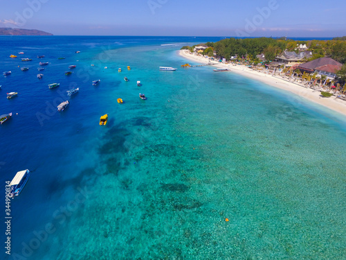 Beautiful Blue Clear Water and white sand, Aerial Gili Kedis turquoise water in Lombok, Indonesia.