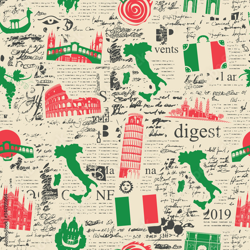 Vector abstract seamless pattern on the theme of Italy with Italian symbols, architectural landmarks and a map in the colors of the Italian flag on the background of newspaper page in retro style.