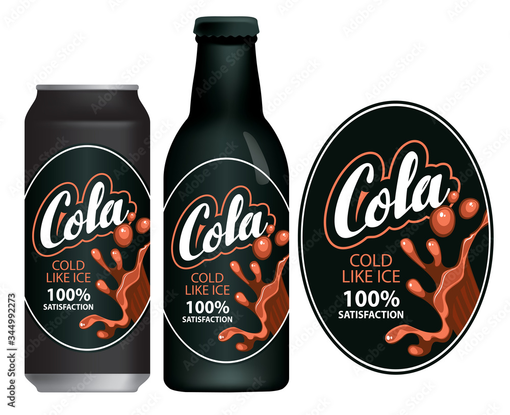 Vector label for Cola oval shape in retro style, decorated with splashes of brown carbonated drink on a black background. Label template on glass bottle and aluminum can.