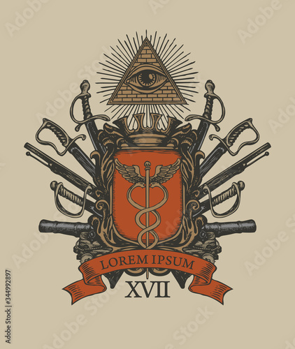 Vector coat of arms in vintage style with a caduceus on a knightly shield, all-seeing eye, crown, sabres, swords, cannons and ribbon. Masonic hand-drawn image, heraldry, emblem, sign, symbol.