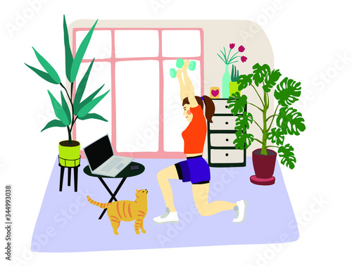 Young woman doing her workout in the living room.Girl doing  squats using dumbbells in front of a laptop in cozy house interior.Concept of home fitness. Illustration in flat style of girl doing sport.