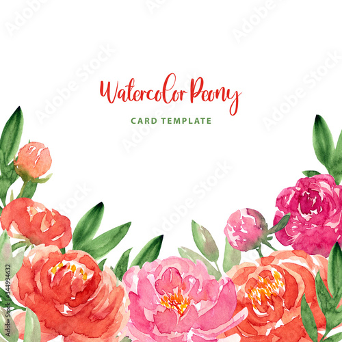 Watercolor loose style red, pink peach peonies flower and green leaves frame. Modern trendy template for invitation, banner, wedding, greeting card design. Poster with peony, rose