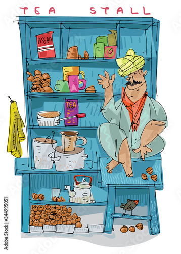 An Indian local tea vendor in his cute little street shop. Tea preparing and selling tea and spices. Cartoon, caricature, sketch.