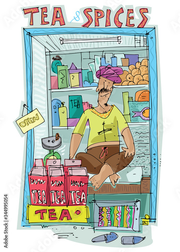 An Indian local tea vendor in his cute little street shop. Tea preparing and selling tea and spices. Cartoon, caricature, sketch.