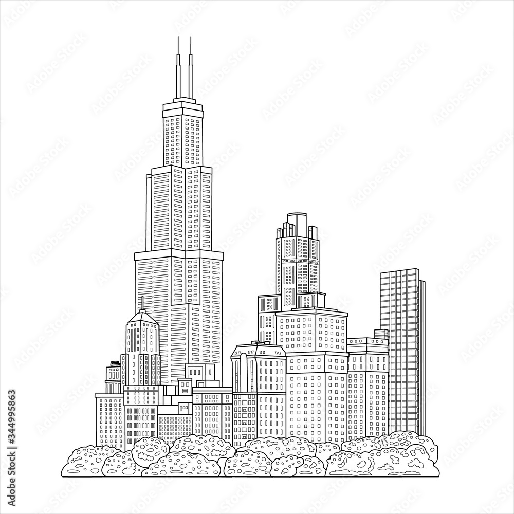 Skyscrapers. Business center of the city. High-rise buildings, offices. Vector linear illustration