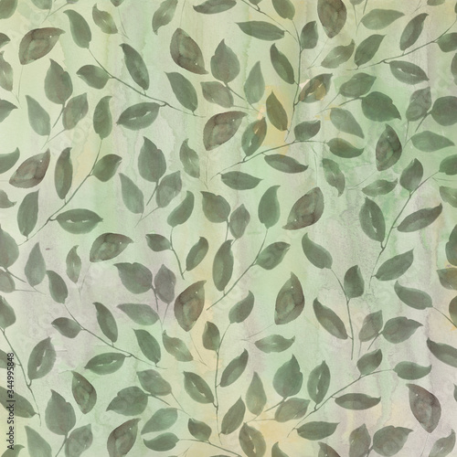 Seamless pattern with green olives foliage. Watercolor floral elements isolated on neutral beige background. Illustration for textile, print and wrapping paper design. Organic food and cosmetic label