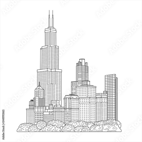 Skyscrapers. Business center of the city. High-rise buildings, offices. Vector linear illustration