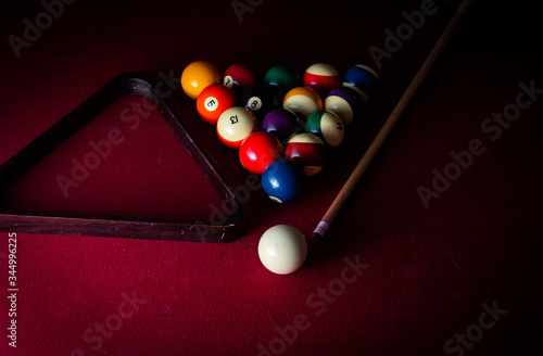 Billiard balls on a red felt pool table