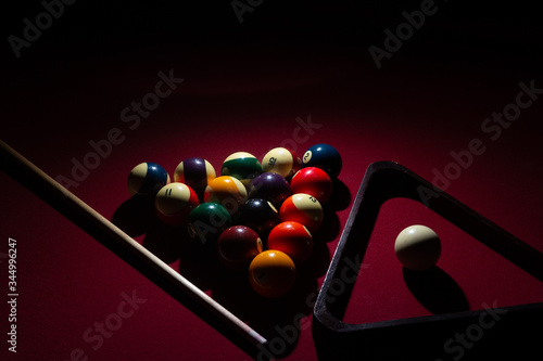 Billiard balls on a red felt pool table