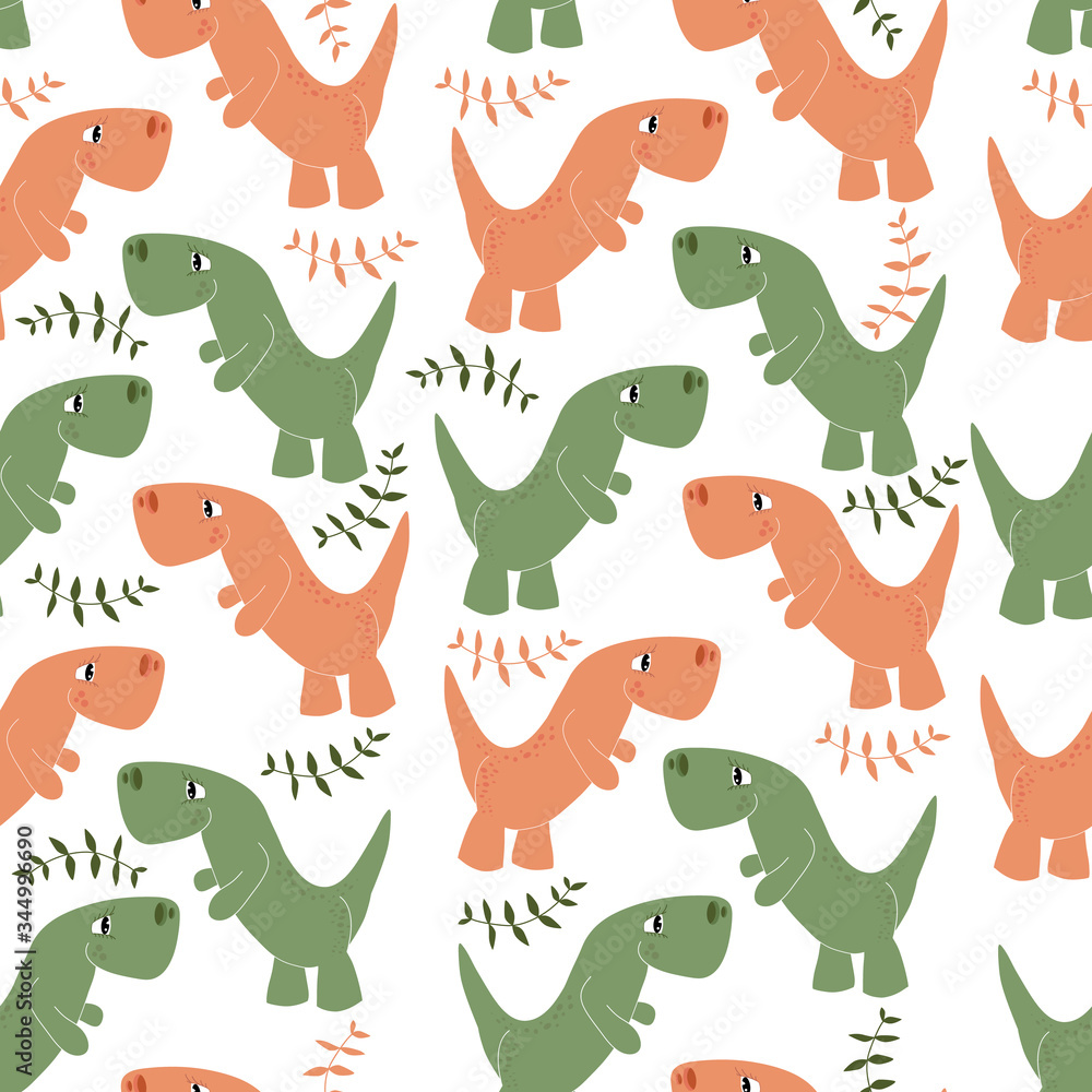 Fototapeta premium vector pattern of dinosaurs and tree branches on a white background