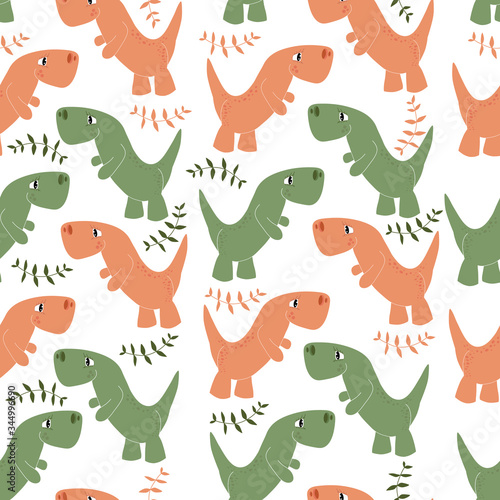vector pattern of dinosaurs and tree branches on a white background © phantom1311