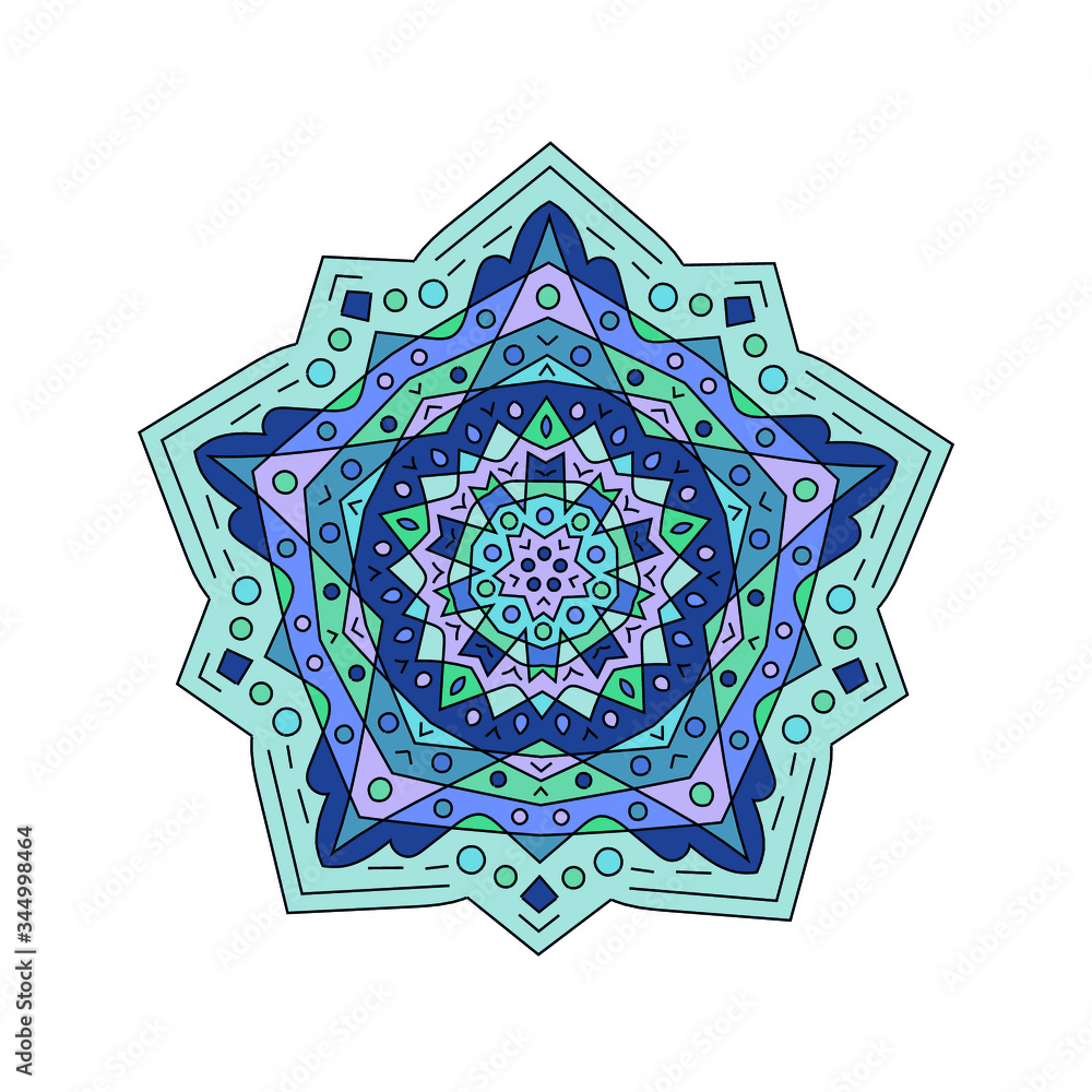 Vector hand drawn isolated mandala. Ethnic doodle with colorful tribal ornament.  Oriental pattern illustration. Islam, Arabic, Indian, turkish, pakistan, chinese, ottoman motif. Blue and pink color.
