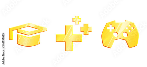 Education, leisure and health gold icons. Areas of life at home metal set items. Study, care, entertainment Graphic elements of lifestyle isolated on white background