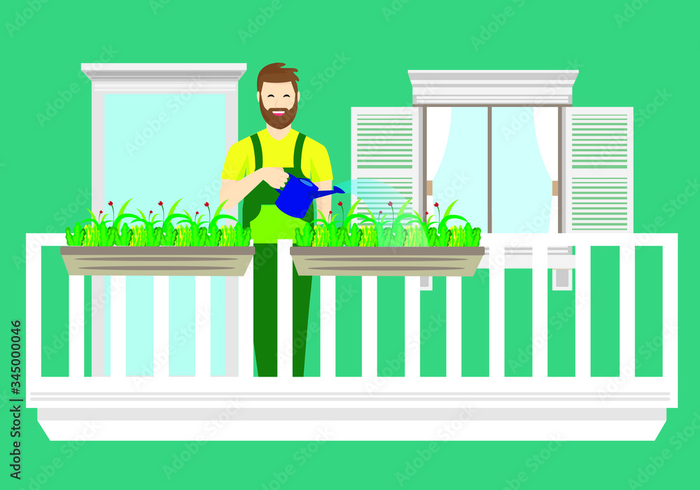 The man is watering the flowers on the balcony. Care of flowers at home. The man is watering the flowers on the balcony. Care of flowers at home.