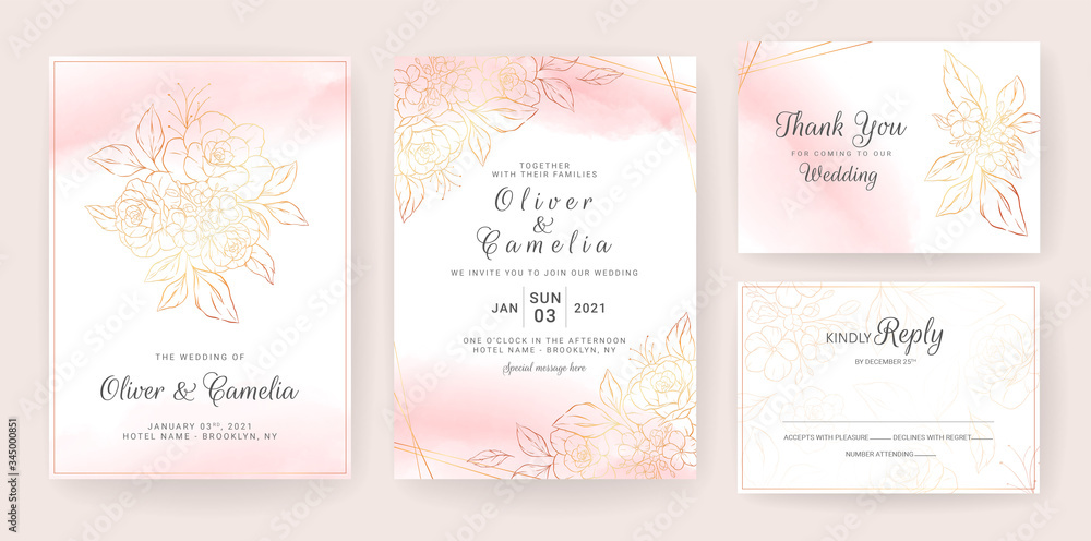 Gold lineart floral wedding invitation card template set with peach watercolor. Abstract background save the date, invitation, greeting card, multi-purpose vector