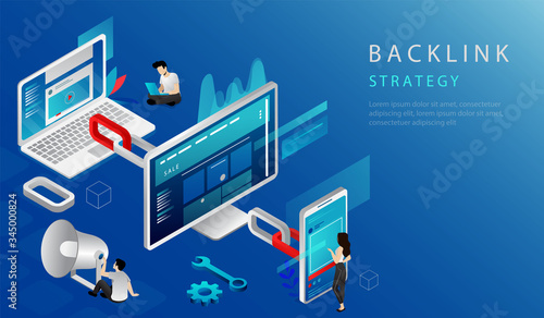 Isometric Online Communication Technologies, Internet Business Social Media Marketing Concept. Website Landing Page. Business People Making Backlink Strategy. 3d Web Page Cartoon Vector Illustration
