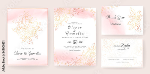 Gold lineart floral wedding invitation card template set with peach watercolor. Abstract background save the date, invitation, greeting card, multi-purpose vector